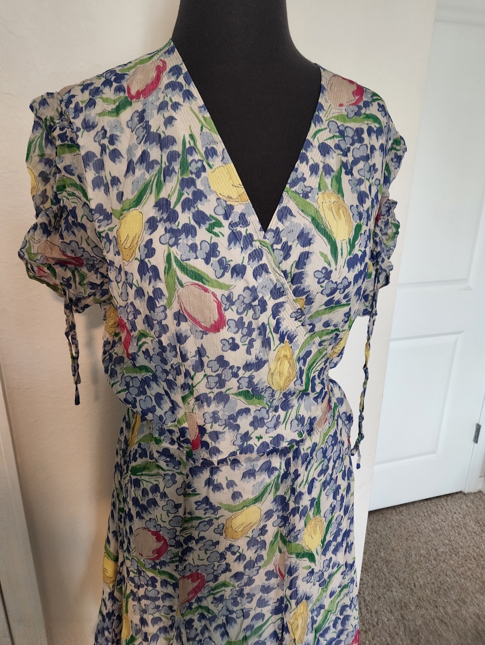 Polo by Ralph Lauren Blue Floral Wrap Mini Dress with Pastel Tulips - Picture 6 of 12